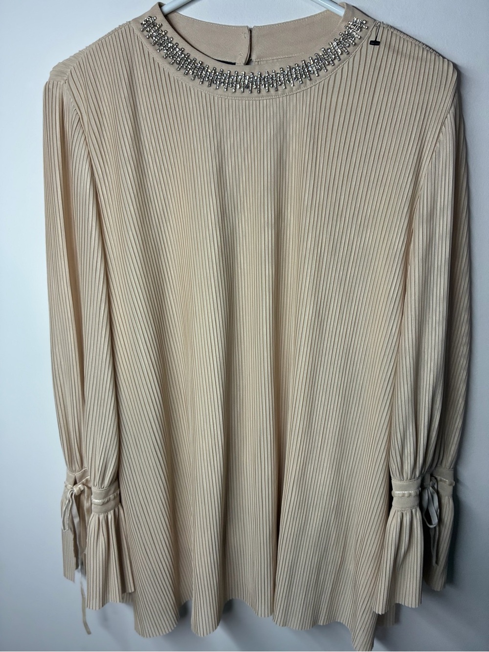 Alfani Cream Pleated Blouse with Jeweled Crew Neck